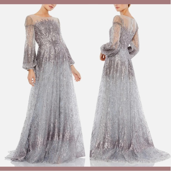 NWT$798 Mac Duggal [ 24 ] Jewel Encrusted Illusion Long Sleeve A-Line Gown Silve - Picture 1 of 17